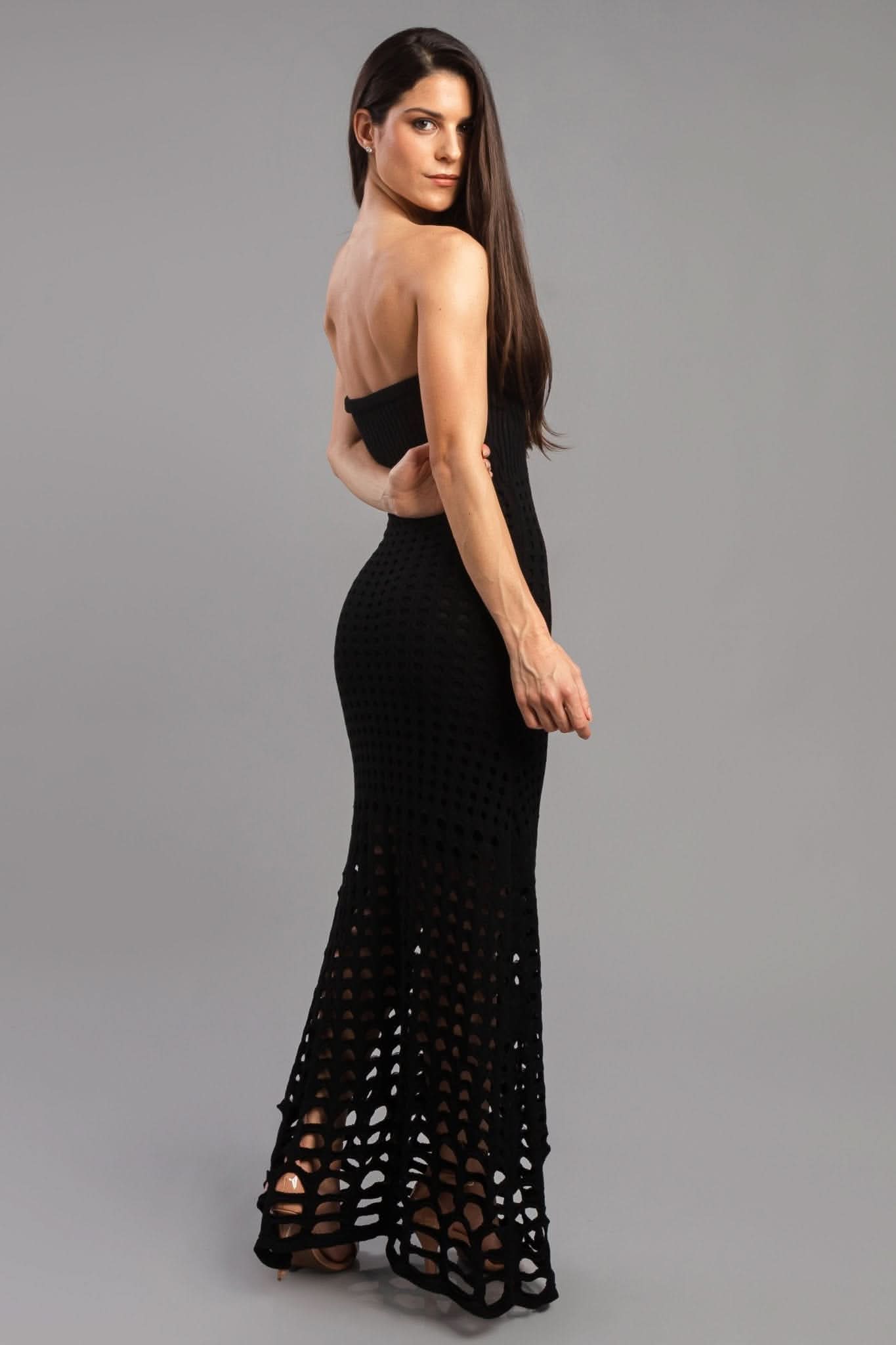 Vestido Tricot Modal Longo Mix Furos Preto