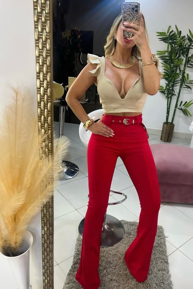 Calça Montaria de Poliamida com Cinto Vermelho