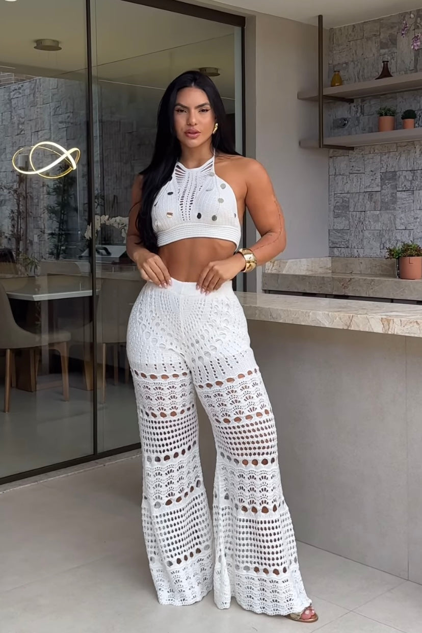 Conjunto 3 Peças em Tricot Branco