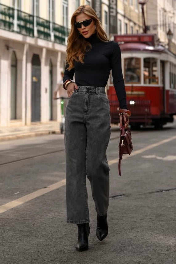 Blusa Cacharrel de poliamida manga longa preto