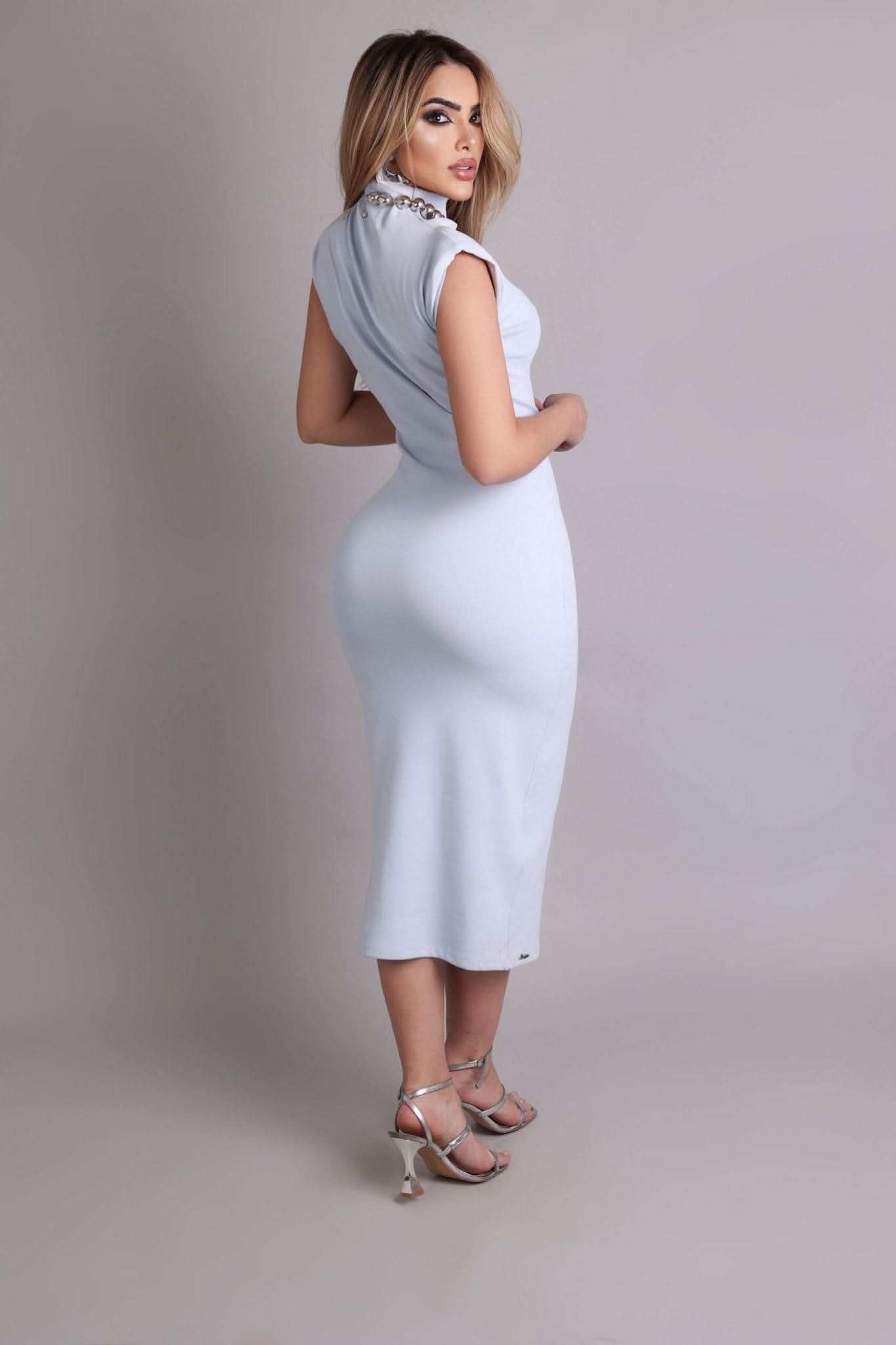 Vestido Ombreira em Viscose de Poliamida Azul