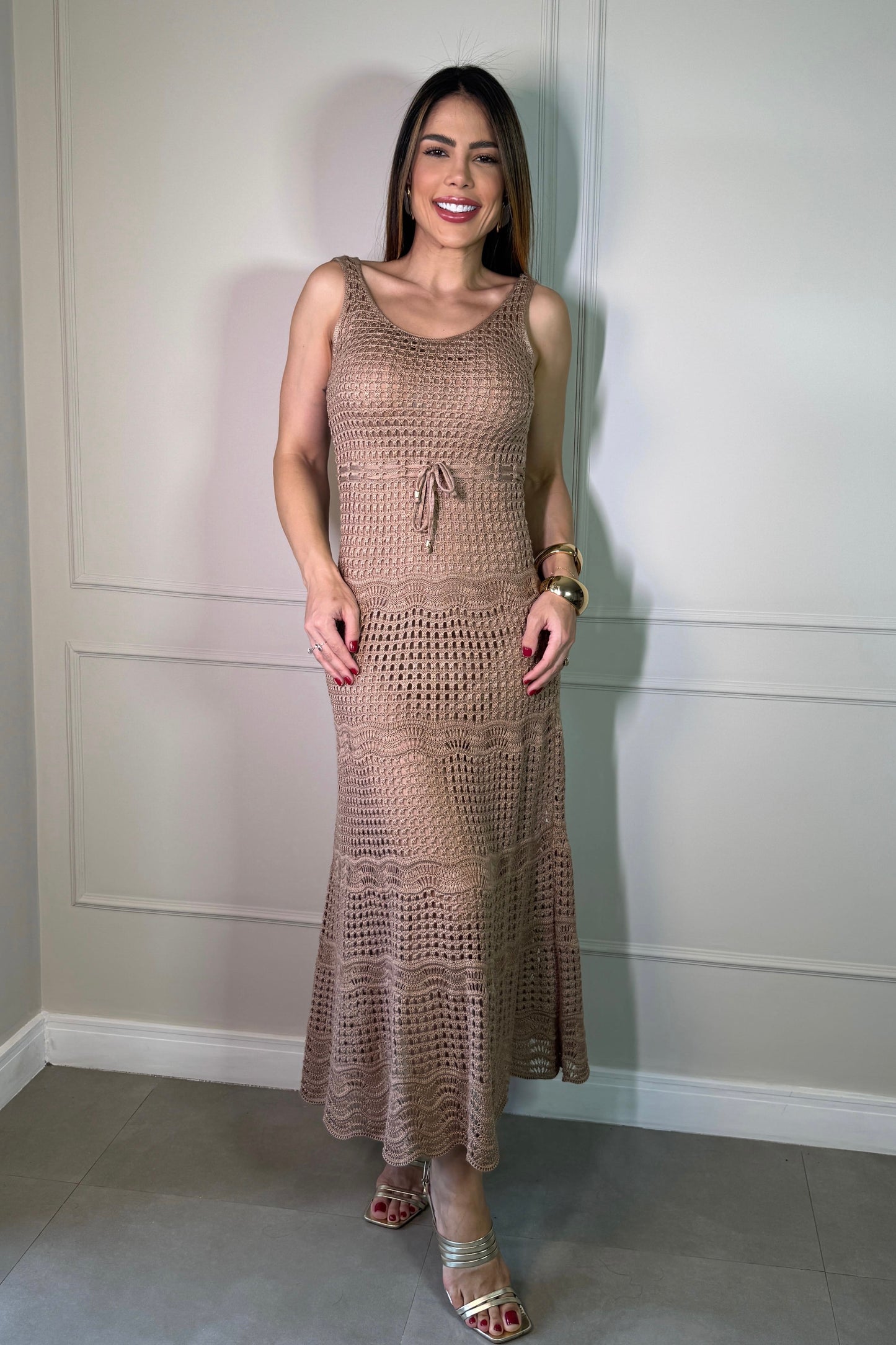 Vestido Tricot Longo com Alças Finas Nude