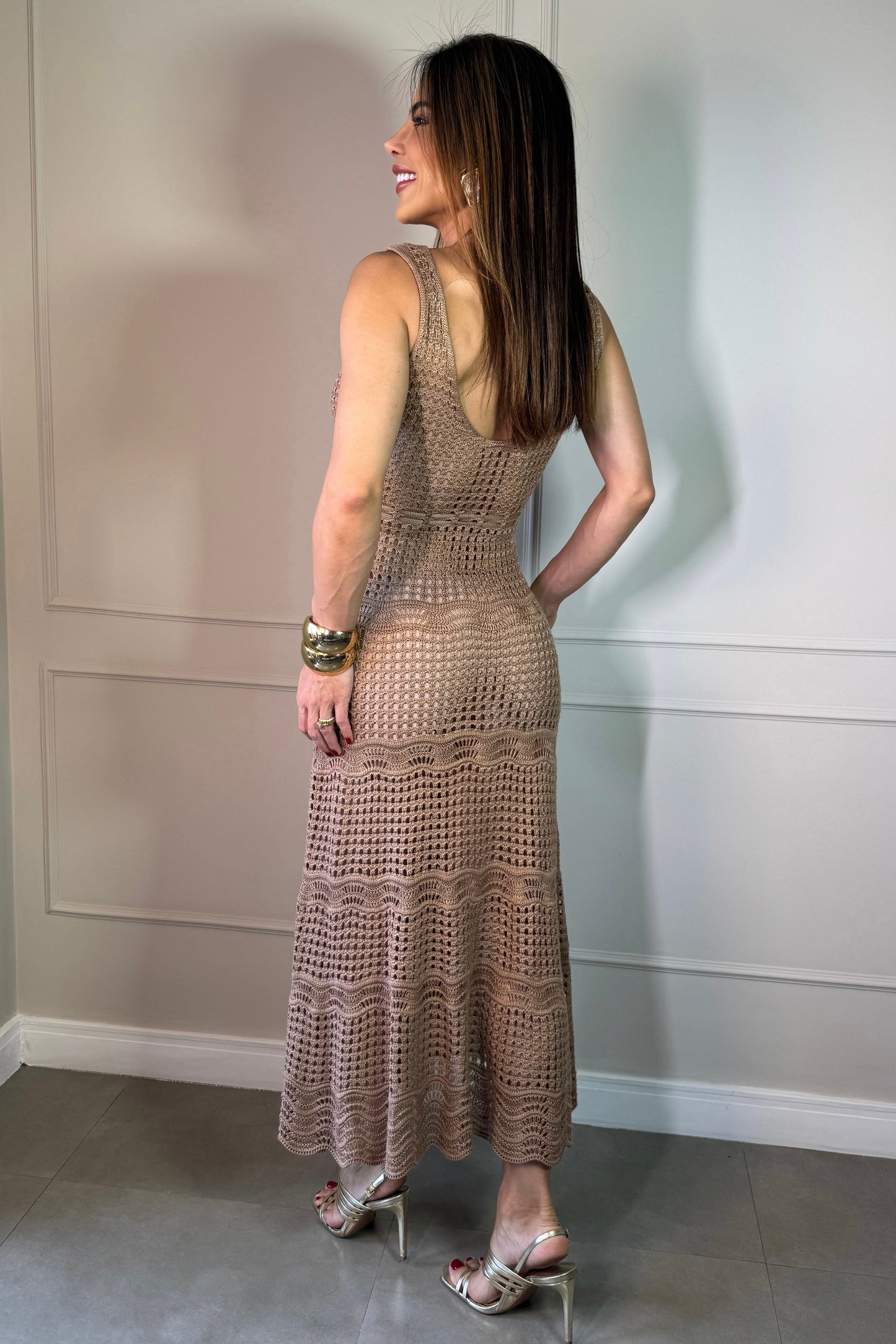 Vestido Tricot Longo com Alças Finas Nude