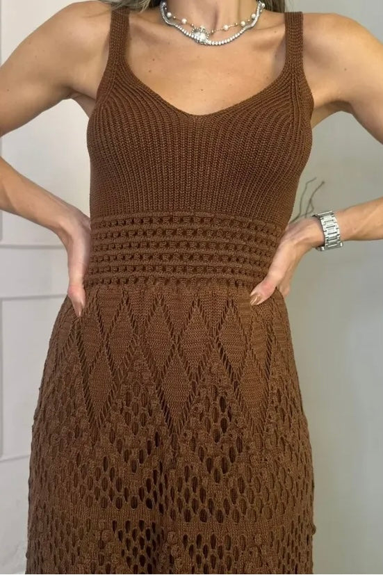 Vestido Tricot Premium Renda Exclusiva Marrom