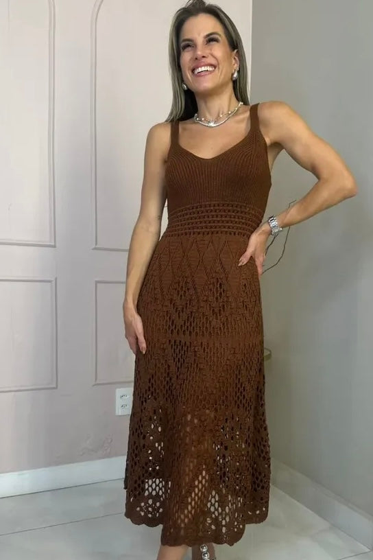 Vestido Tricot Premium Renda Exclusiva Marrom
