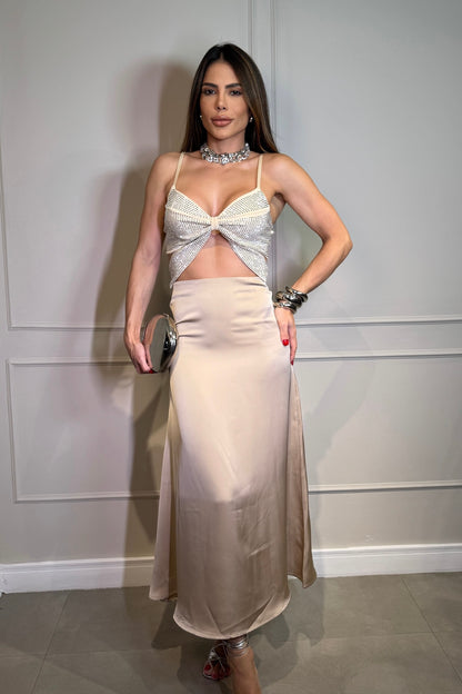 Cropped Borboleta Strass Bege