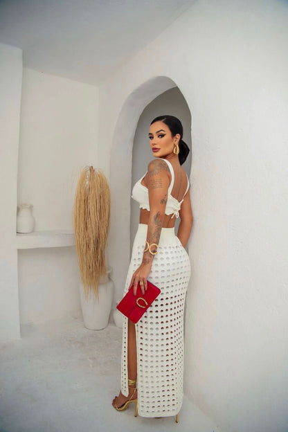 Conjunto Cropped e Saia Midi em Tricot Off