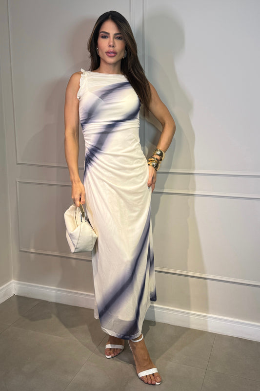 Vestido Tule Estampado Azul