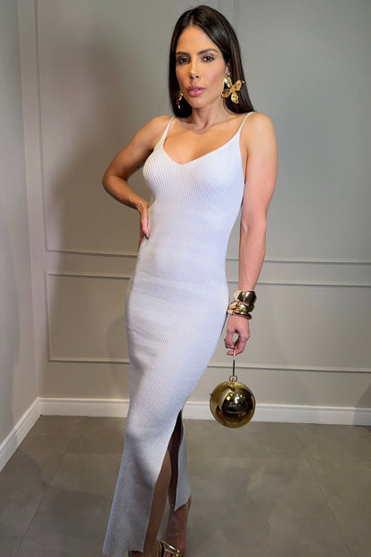 Vestido Tricot Modal com Brilho de Lurex Branco