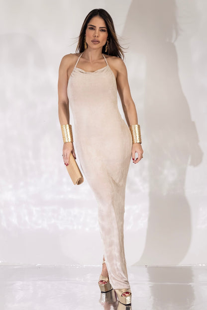 Vestido Longo em Poliamida Acetinado Bege