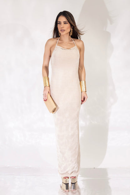 Vestido Longo em Poliamida Acetinado Bege