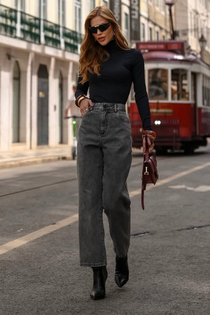 Blusa Cacharrel de poliamida manga longa preto