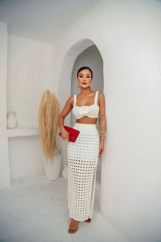 Conjunto Cropped e Saia Midi em Tricot Off