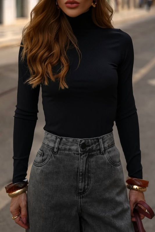 Blusa Cacharrel de poliamida manga longa preto
