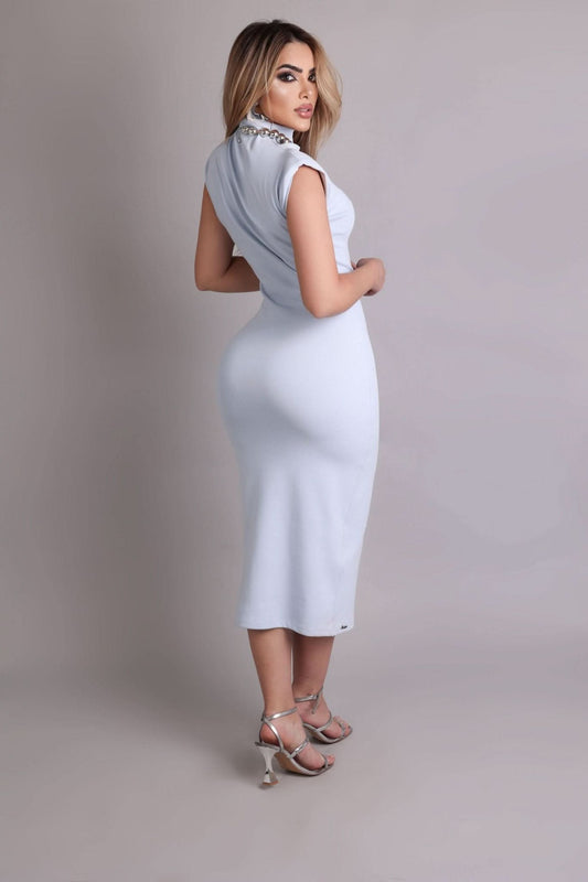 Vestido Ombreira em Viscose de Poliamida Azul