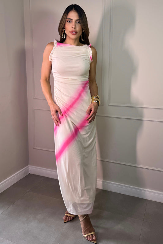 Vestido Tule Estampado Rosa