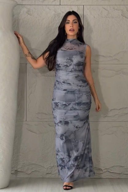 Vestido Tule Estampado Drapeado Azul