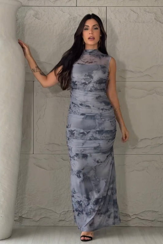 Vestido Tule Estampado Drapeado Azul