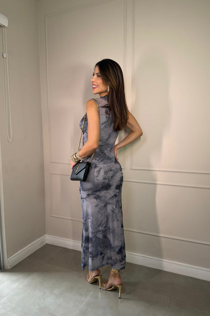 Vestido Tule Estampado Drapeado Azul