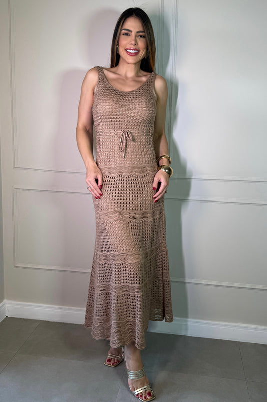 Vestido Tricot Longo com Alças Finas Nude