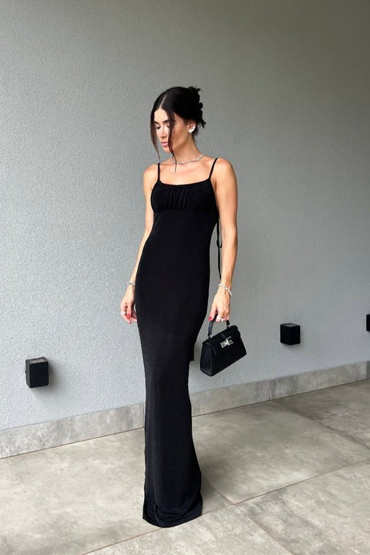 Vestido Longo em Poliamida Acetinado Preto