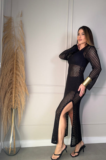 Saída de Praia Tricot Vazado Preto