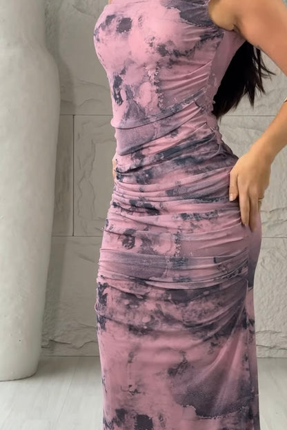 Vestido Tule Estampado Drapeado Rosa