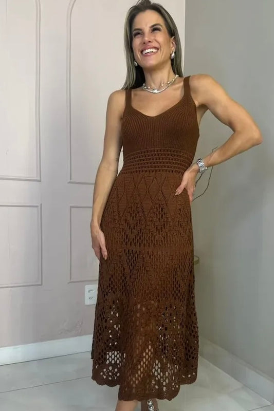 Vestido Tricot Premium Renda Exclusiva Marrom