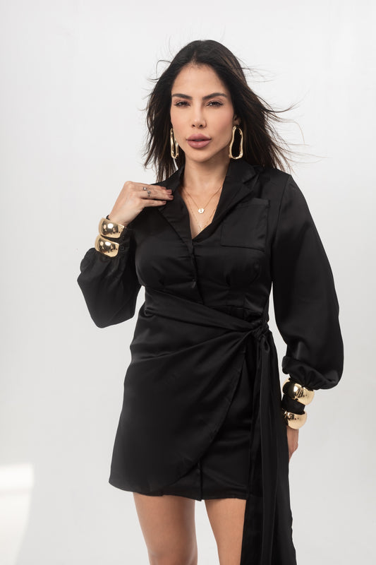 Vestido Acetinado com Amarração Preto