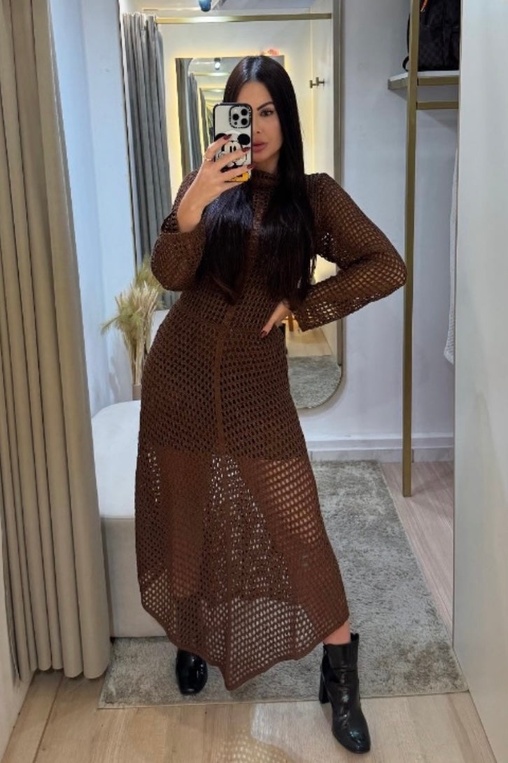 Vestido Longo Crochê Marrom